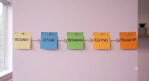 The Job Booking Engine for Home Service Pros 2 Five connected sticky notes labeled Research, Design, Messaging, Reviews, and Follow-Up representing the Job Booking Engine™ system