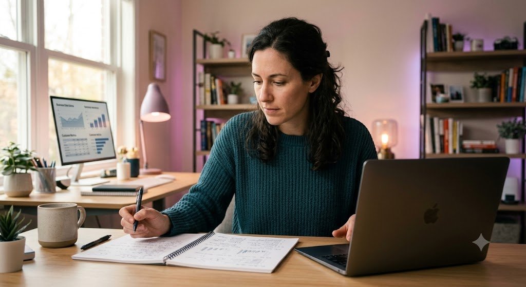 A woman working at a desk near a computer doing extensive market research