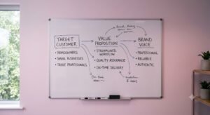 Brand Strategy and Messaging That Makes the Right Choice Clear 2 Whiteboard diagram mapping target customer, value proposition, and brand voice for brand strategy and messaging