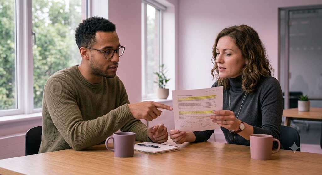 Brand Strategy and Messaging That Makes the Right Choice Clear 4 Two people reviewing highlighted brand messaging document, representing common questions about brand strategy and messaging