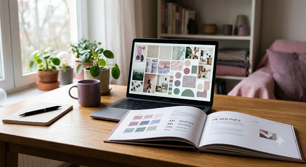 Brand Strategy and Messaging That Makes the Right Choice Clear 1 Open brand style guide showing color palette and typography next to a laptop displaying a brand moodboard during a brand strategy and messaging project