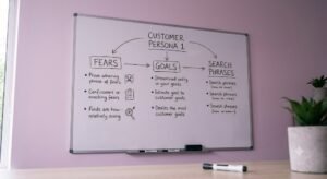 Whiteboard mapping customer fears, goals, and search phrases, an example of extensive market research