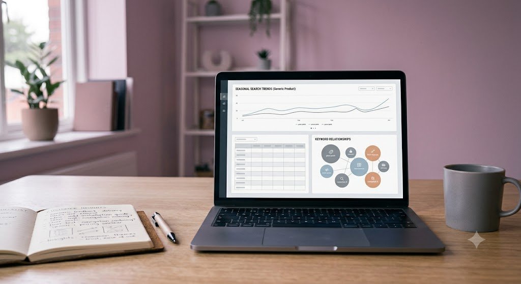 Laptop displaying a market research dashboard next to a notebook with customer insights, an example of extensive market research