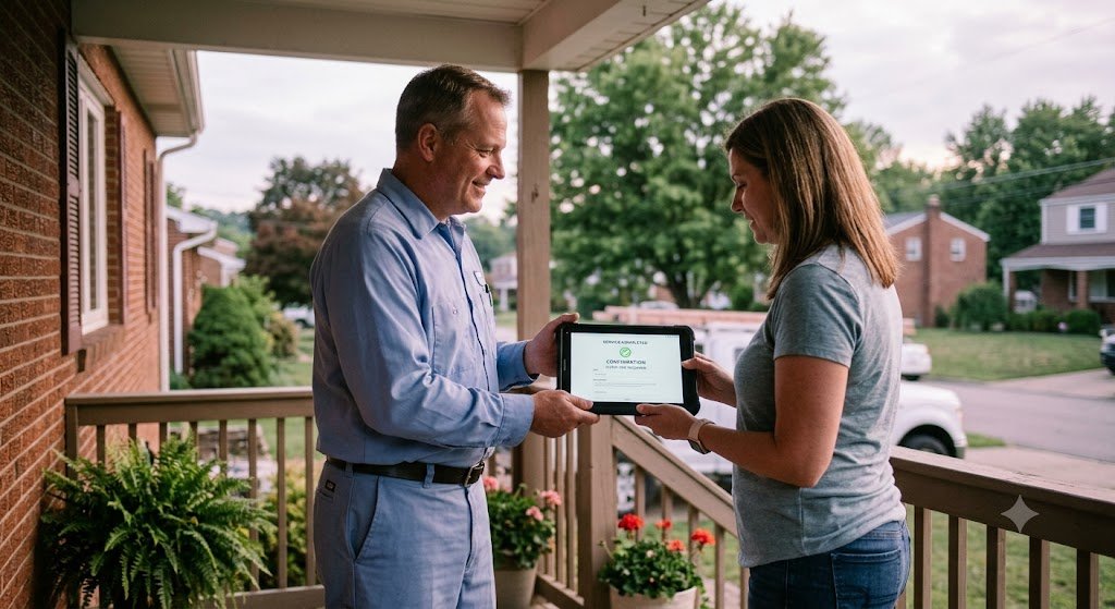 Web Design for HVAC Companies Built for More Service Calls 3 HVAC technician showing a homeowner a service confirmation on a tablet, an example of web design for HVAC companies