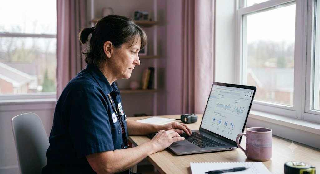 Web Design for HVAC Companies Built for More Service Calls 4 HVAC technician reviewing a service request dashboard on a laptop, an example of web design for HVAC companies