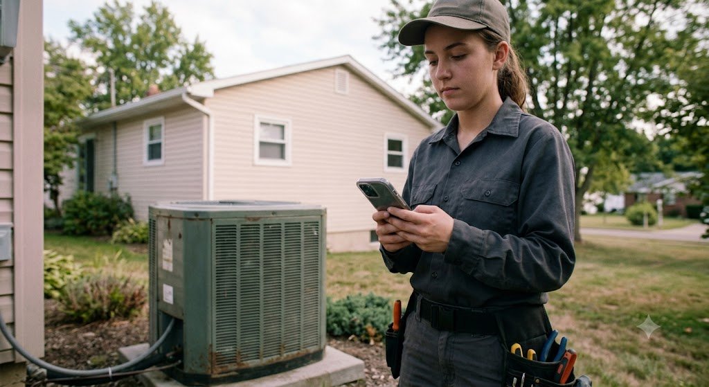 Web Design for HVAC Companies Built for More Service Calls 1 HVAC technician checking a service call notification on a phone next to an outdoor AC unit, an example of web design for HVAC companies