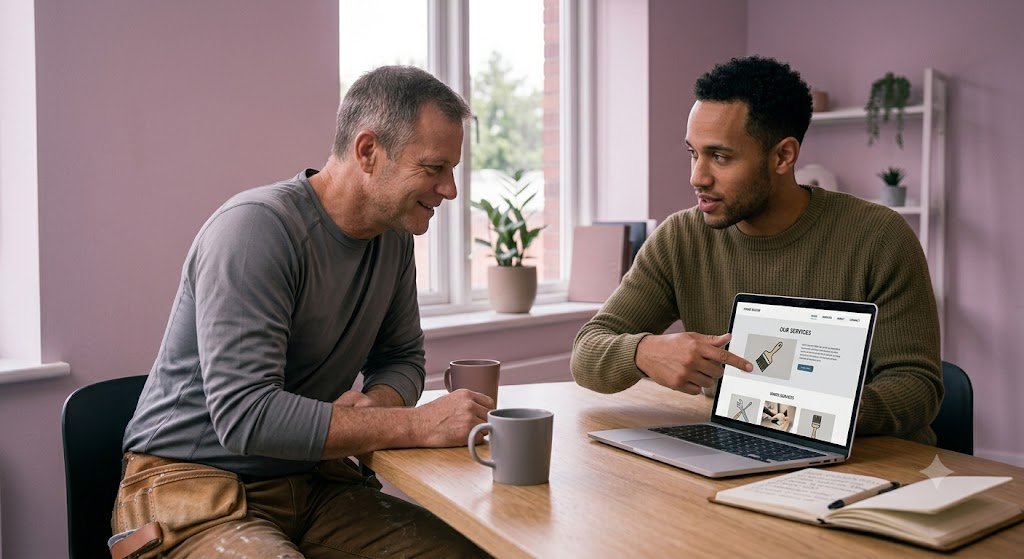 Home Service Web Design Built to Book Jobs 4 Contractor and web designer reviewing a home service website mockup together on a laptop