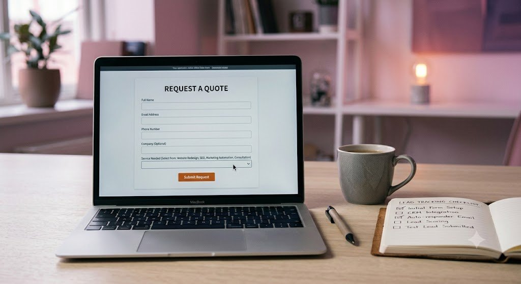 Laptop displaying a "Request a Quote" lead generation form, an example of lead generation web design built for qualified calls