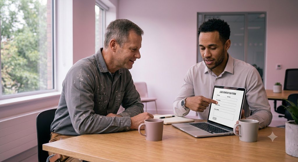 Contractor and web designer reviewing a lead generation form layout together on a laptop