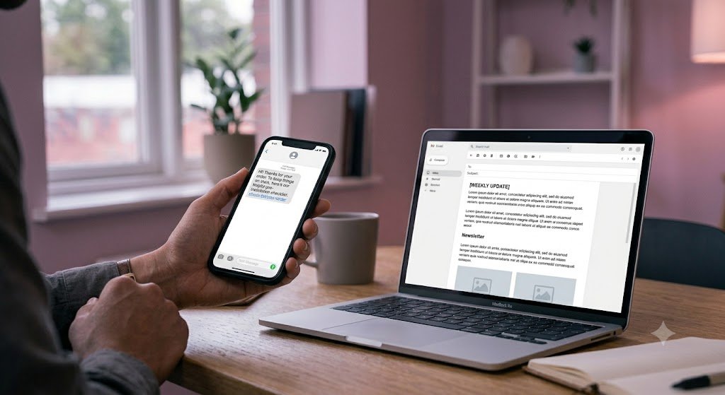 Phone displaying an automated text message next to a laptop showing an email newsletter, an example of lead magnet and email nurture sequences