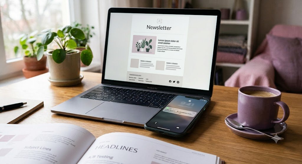 Laptop showing an email newsletter template next to a phone notification during a lead magnet and email nurture sequences setup