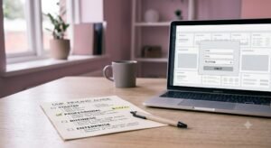 Printed pricing guide checklist next to a laptop showing a sign-up form, an example of a lead magnet for email nurture sequences