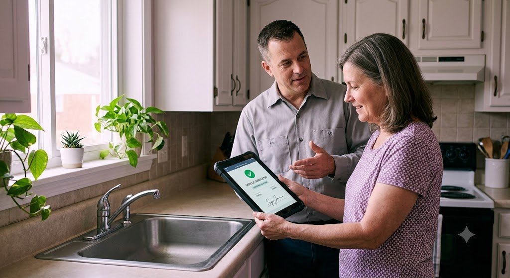 Web Design for Plumbers Built for Urgent Calls and Leads 3 Plumber showing a homeowner a service confirmation on a tablet in a kitchen, an example of web design for plumbers