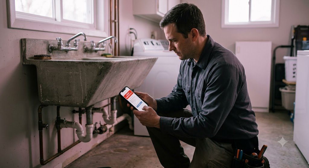Web Design for Plumbers Built for Urgent Calls and Leads 1 Plumber checking an urgent service call notification on a phone near a utility sink, an example of web design for plumbers