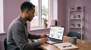 Business owner reviewing a review reputation dashboard showing rating trends and response counts