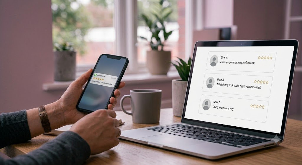 Phone displaying a new review notification next to a laptop showing customer testimonials, an example of review reputation management