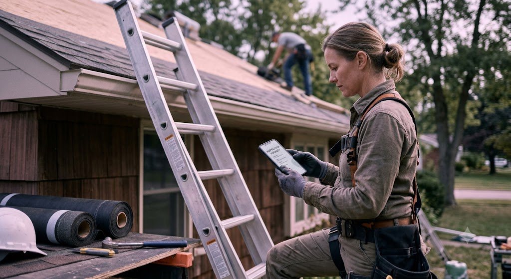 Roofer checking an inspection request notification on a phone near a ladder, an example of web design for roofers