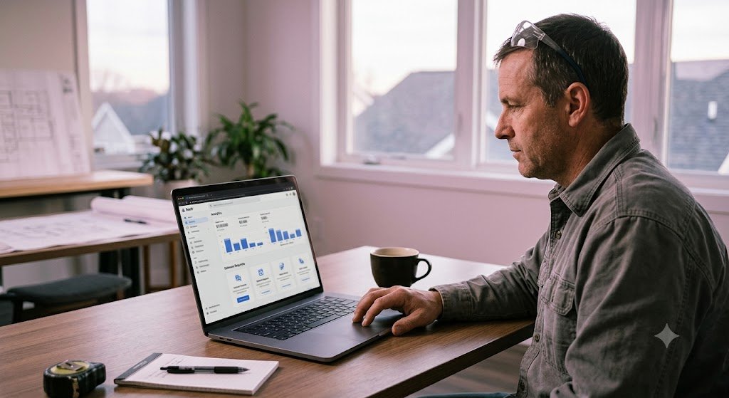 Roofer reviewing an estimate request dashboard on a laptop, an example of web design for roofers