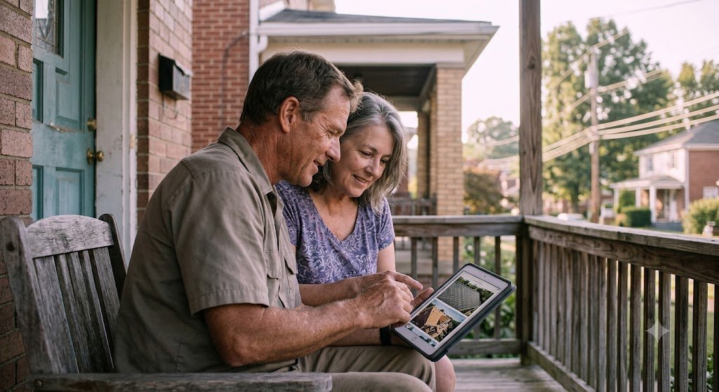Homeowners reviewing roofing project photos together on a tablet, an example of web design for roofers