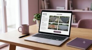 Laptop displaying a roofing website with before-and-after project photos and a "Get an Estimate" button, an example of web design for roofers