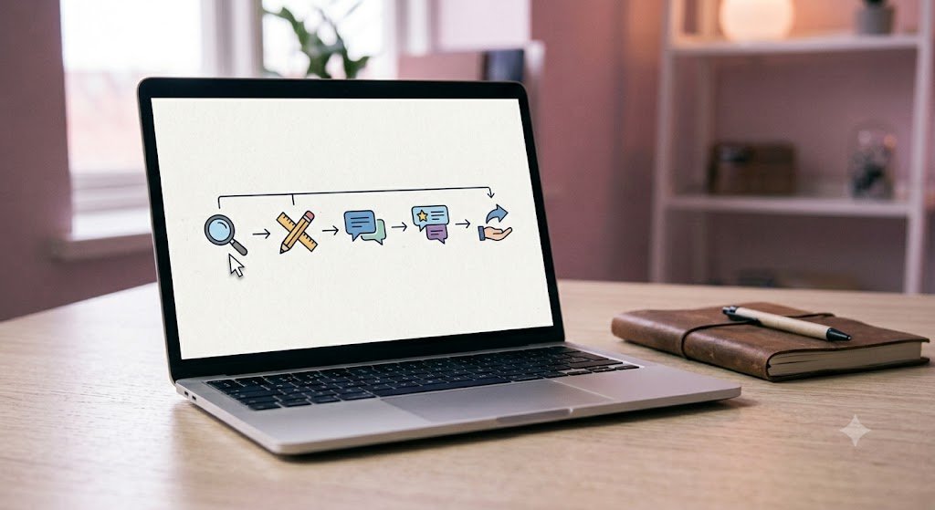 The Job Booking Engine for Home Service Pros 1 Laptop displaying a five-step process flow icon diagram representing the Job Booking Engine™ system