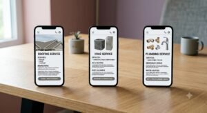 Home Service Web Design Built to Book Jobs 2 Three smartphones displaying roofing, HVAC, and plumbing service pages, an example of home service web design built for different trades