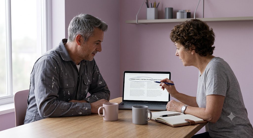 Two people reviewing and editing website copy together on a laptop