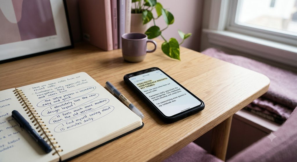 Notebook with circled customer quotes next to a phone displaying highlighted text notes, an example of website messaging strategy