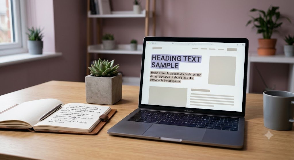 Laptop displaying highlighted webpage headline and body text next to a notebook with handwritten customer quotes, an example of website messaging strategy