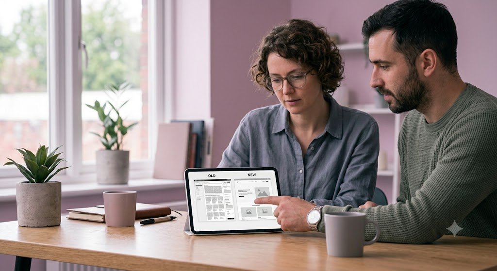 Two people reviewing an old versus new website redesign mockup together on a tablet