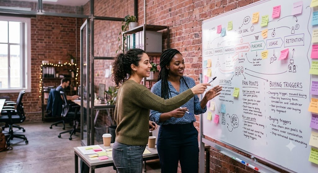 Two colleagues collaborating at a whiteboard mapping customer journey pain points and buying triggers for market research strategy