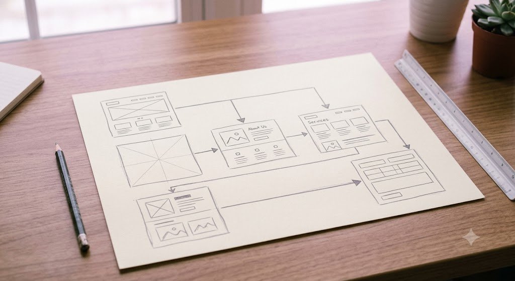 Hand-sketched website wireframe mapping the user's click path through a homepage redesign