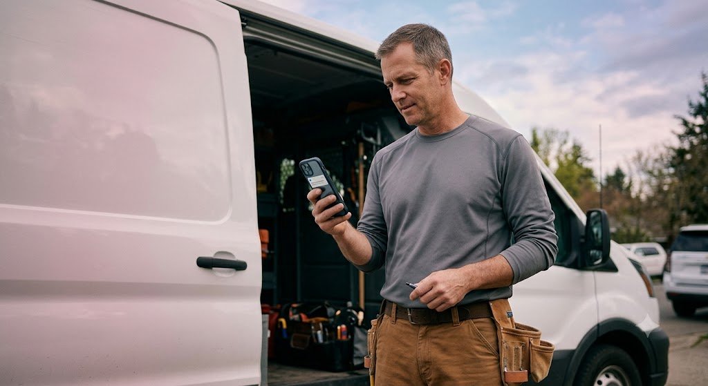 The Job Booking Engine for Home Service Pros 3 Contractor checking a job notification on his phone next to his van after a Job Booking Engine™ system launch