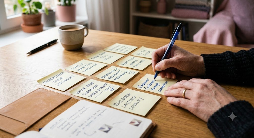 Brand Strategy and Messaging That Makes the Right Choice Clear 3 Hand writing brand messaging concepts on sticky notes during a brand strategy and messaging planning session