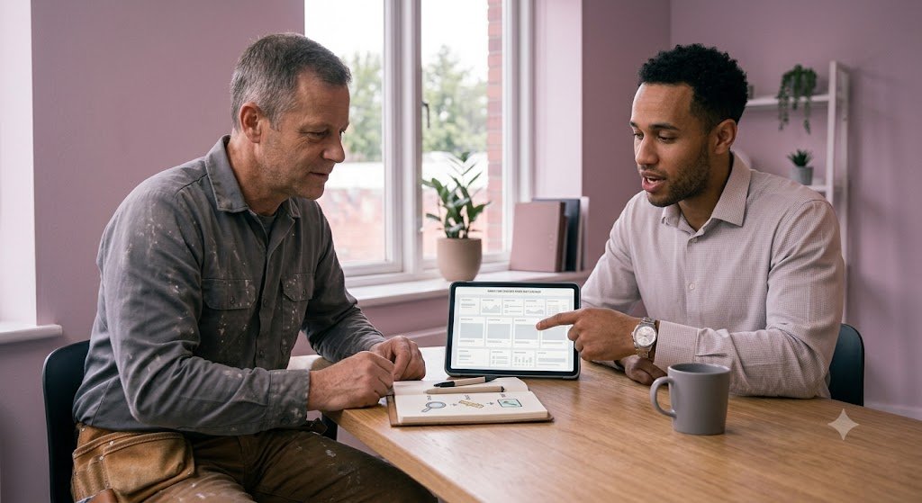 Contractor and web designer reviewing a website mockup on a tablet, representing common questions about website transformation