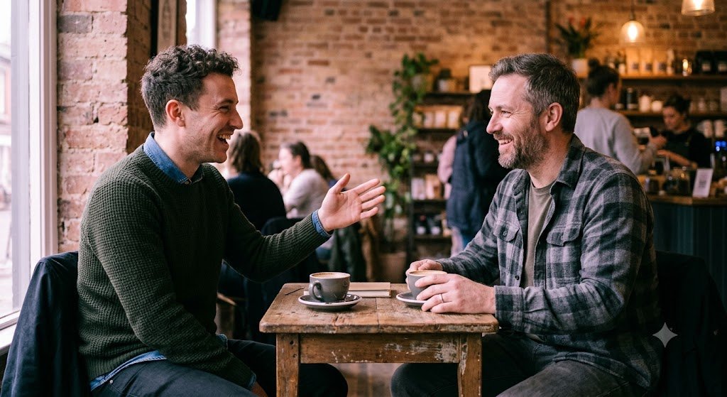 Pittsburgh home service website design 3 A candid, warm-toned photograph of two men sitting across from each other at a small rustic wooden table in a coffee shop, laughing and having a genuine conversation. One man is gesturing with his hand while the other listens with a smile.