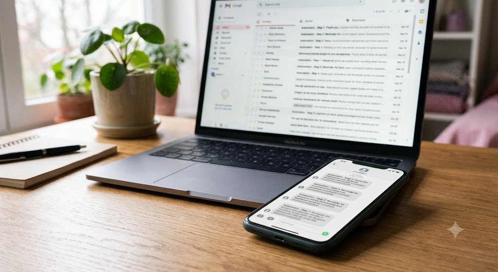 Phone showing an automated text sequence next to a laptop email inbox during a lead magnet and email nurture sequences campaign
