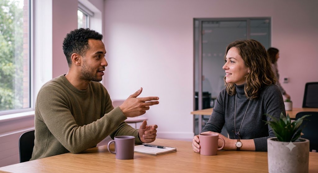 The Job Booking Engine for Home Service Pros 4 Two people having an honest conversation, representing common questions about the Job Booking Engine™