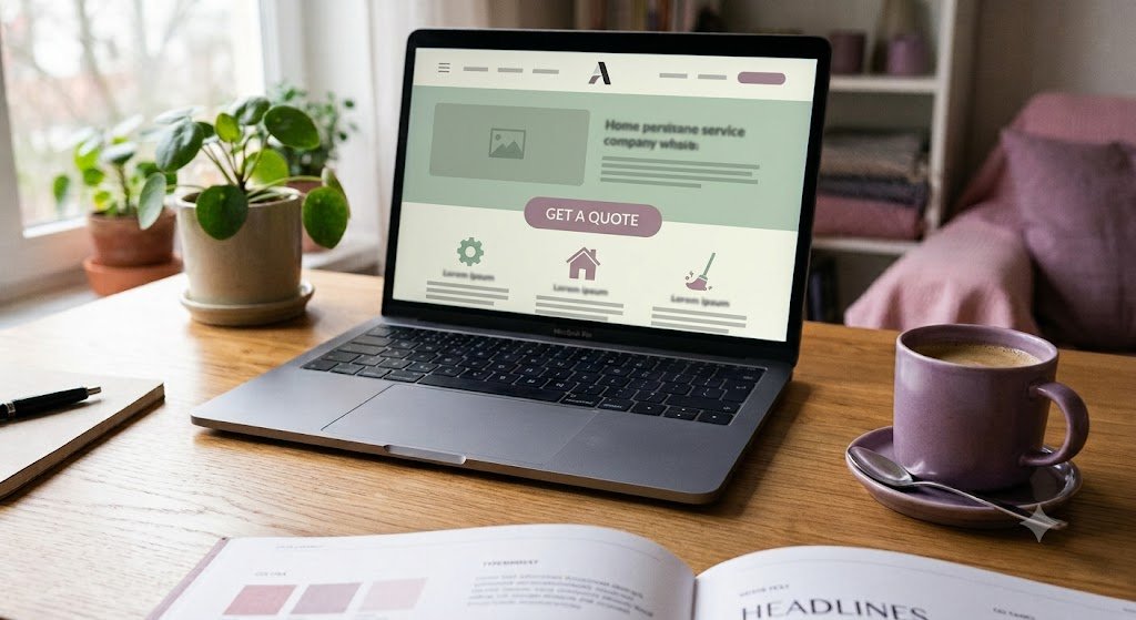 Home Service Web Design Built to Book Jobs 1 Laptop displaying a home service website with a "Get a Quote" button, an example of home service web design built to book jobs