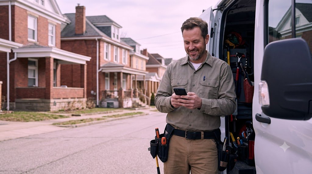 Pittsburgh home service website design 1 Pittsburgh home service contractor checking phone notifications next to his work van after a Pittsburgh home service website design launch