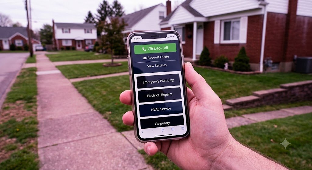 Home Service Web Design Built to Book Jobs 3 Homeowner holding a phone displaying a click-to-call button, an example of mobile-first home service web design