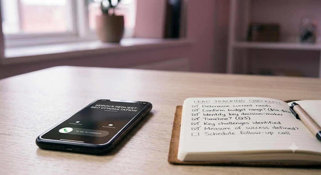 Phone displaying an incoming service request call next to a lead qualifying checklist, an example of lead generation web design