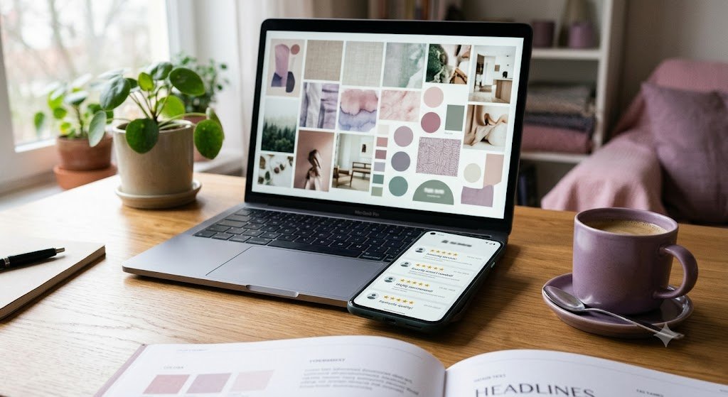 Smartphone displaying five-star customer reviews next to a laptop during a review reputation management workflow