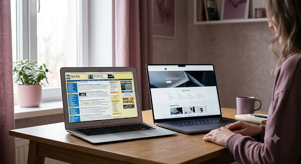 Side-by-side comparison of an outdated website and a modern website redesign on two laptops