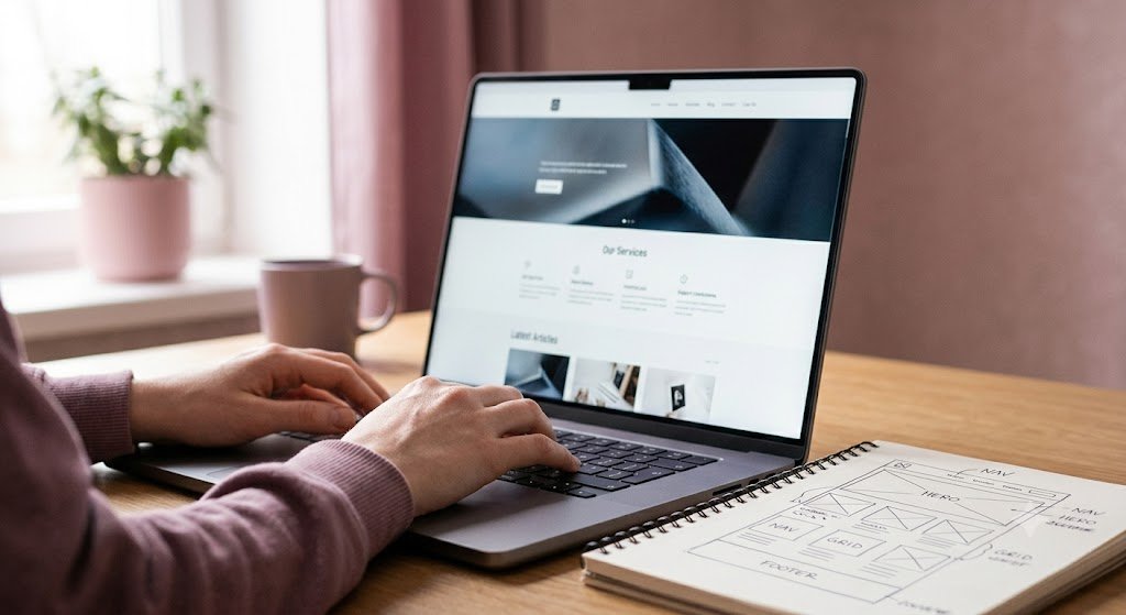 Hands typing on a laptop displaying a modern website redesign next to a sketched wireframe notebook