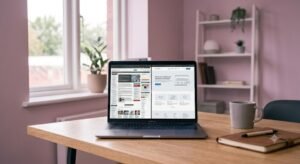Split-screen laptop comparison showing a cluttered website versus a clean website transformation