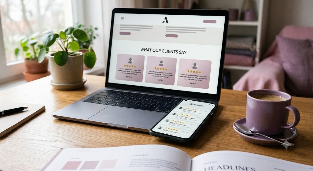 Laptop and phone displaying a "What Our Clients Say" review section during a review reputation management page build