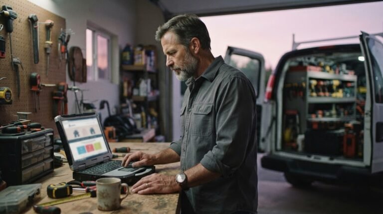Home service business owner reviewing an AI website builder for home service businesses on a laptop in a workshop