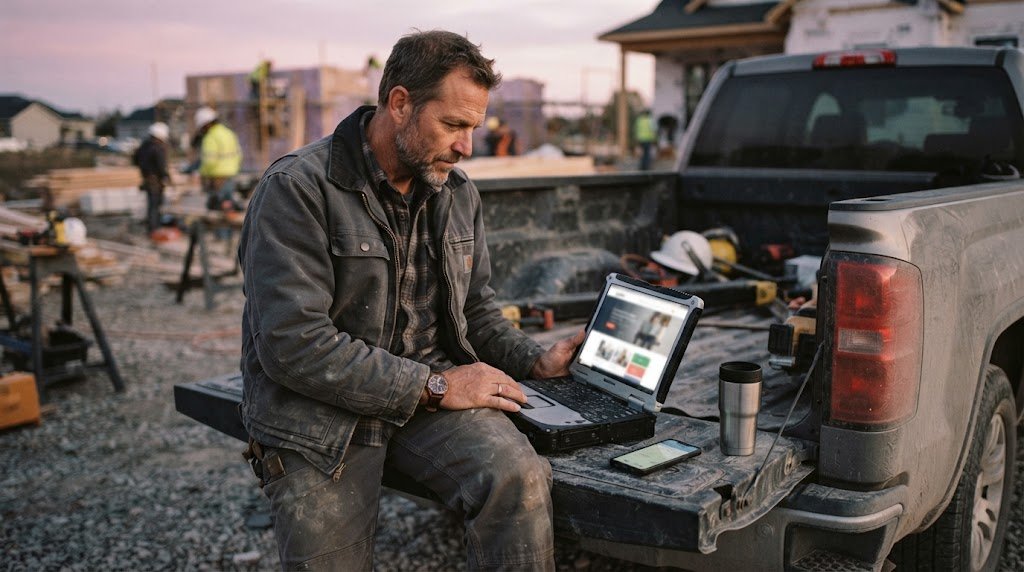 AI Website Builder For Home Service Businesses AI website builder for home service businesses reviewed by a contractor on a laptop and phone at a job site