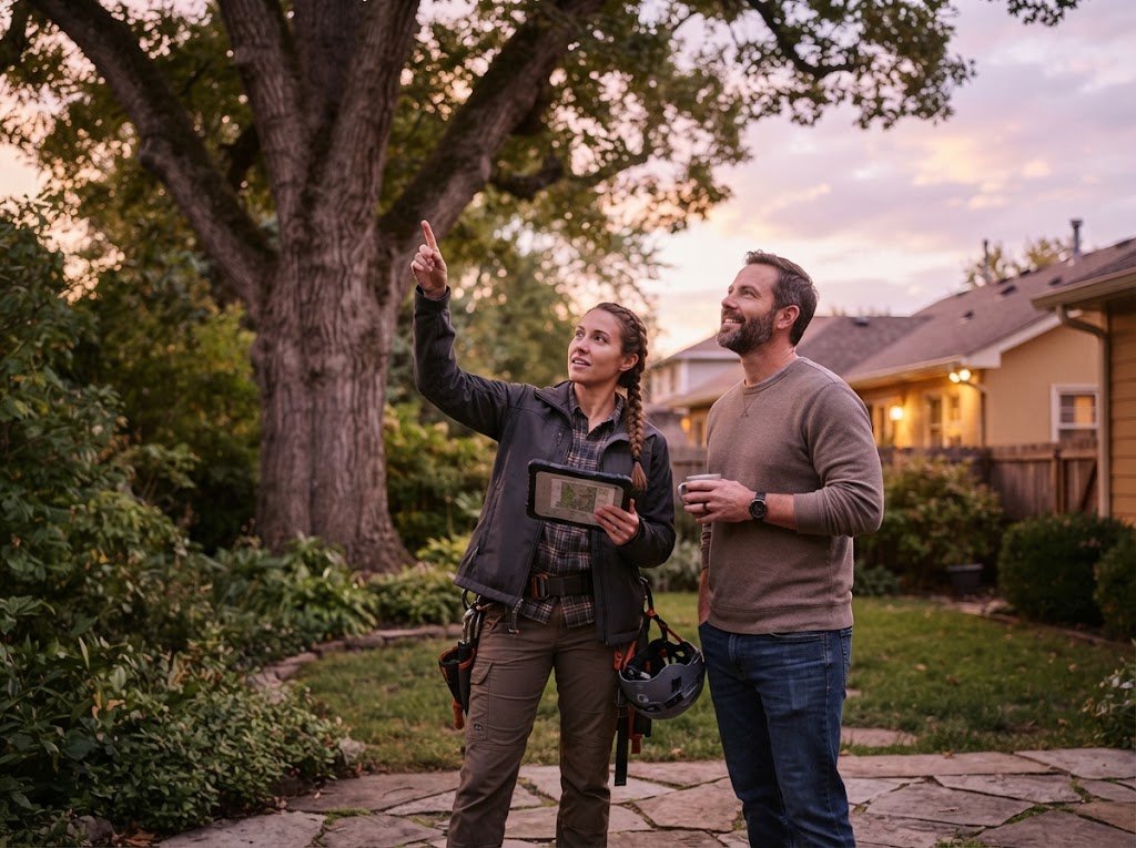 Arborist showing a homeowner the plan for a large backyard tree on a tablet, a reassuring service experience that good web design for tree services supports